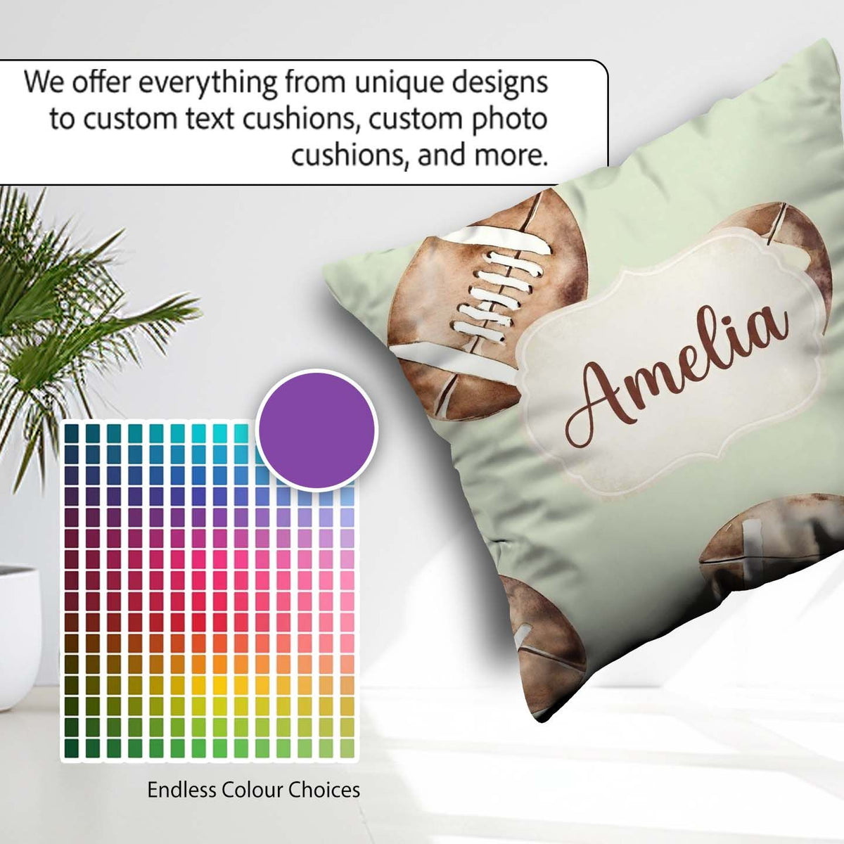 Custom Name Watercolor American Balls on Soft Green Background Square Filled Cushion Throw Pillow Sofa Bed Home Decor Zip Washable UK Made