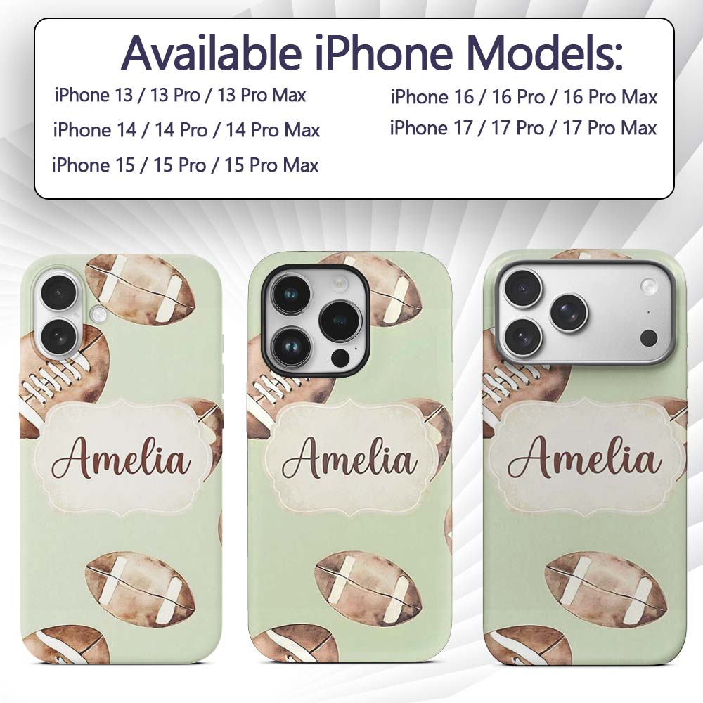 Watercolor American Football Balls on Soft Green Custom Name Protective Phone Case Mobile Cover Durable Everyday Smartphone Shock Resistant
