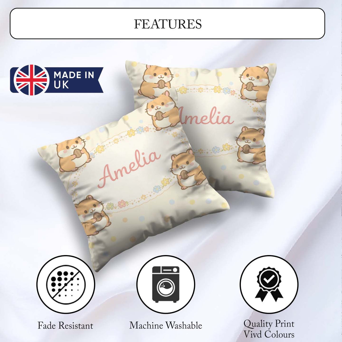 Custom Name Cute Hamster Cartoon Animal Pattern Perfect for Her Square Filled Cushion Throw Pillow Sofa Bed Home Decor Zip Washable UK Made