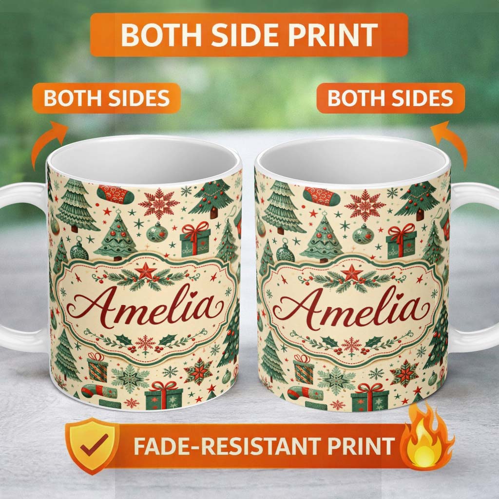 Personalized Custom Name Christmas Trees Snowflakes Ornaments Festive Holiday Winter Design 11oz Ceramic Coffee Tea Mug White Large Handle