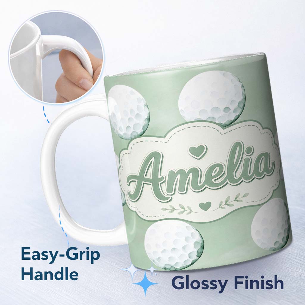Personalized Custom Name Watercolor Golf Balls on Soft Green Background Seamless Pattern 11oz Ceramic Coffee Tea Mug White Large Handle