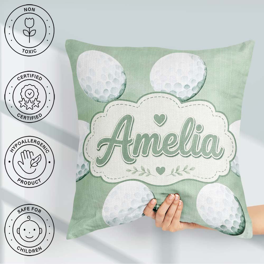 Custom Name Watercolor Golf Balls on Soft Green Seamless Pattern Square Filled Cushion Throw Pillow Sofa Bed Home Decor Zip Washable UK Made