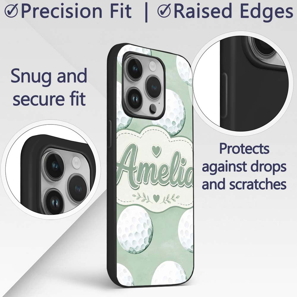 Watercolor Golf Balls on Soft Green Background Custom Name Protective Phone Case Mobile Cover Durable Everyday Smartphone Shock Resistant
