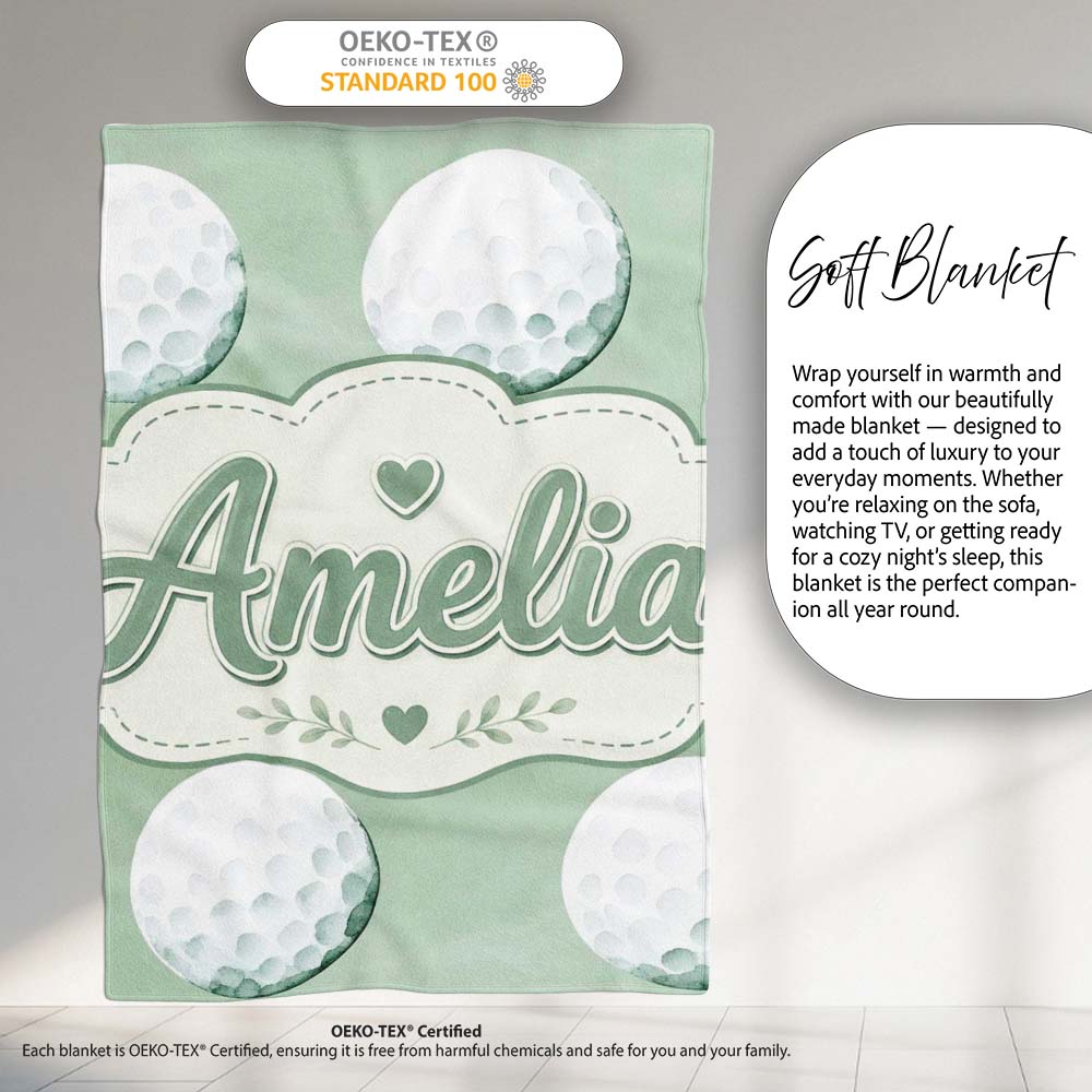 Watercolor Golf Balls on Soft Green Background Seamless Pattern Personalised Custom Name Super Soft Fleece Blanket Bed Sofa Throw