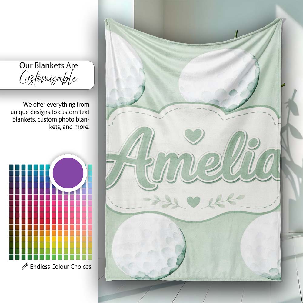 Watercolor Golf Balls on Soft Green Background Seamless Pattern Personalised Custom Name Super Soft Fleece Blanket Bed Sofa Throw