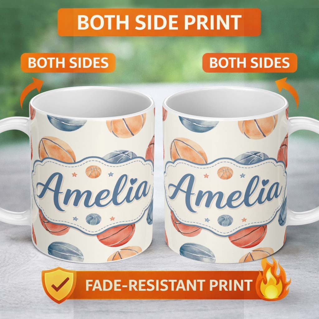 Personalized Custom Name Watercolor Basketball Balls on Neutral Background Seamless Pattern 11oz Ceramic Coffee Tea Mug White Large Handle