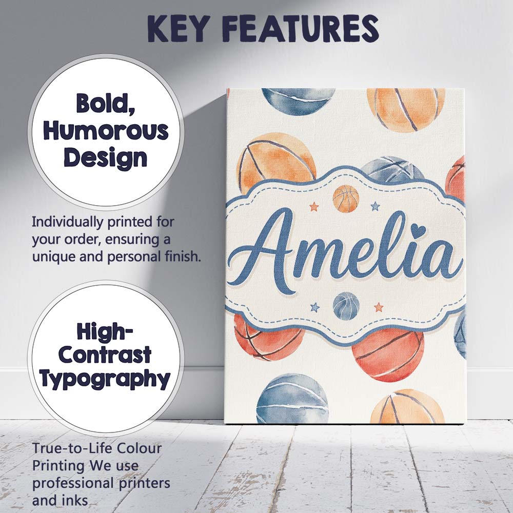 Personalised Name Watercolor Basketball Custom Modern Room Accent Elegant Feature Canvas Wall Art Print Decor Picture Ready to Hang