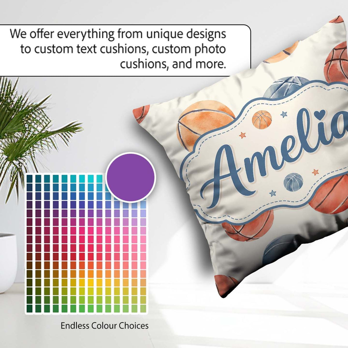Custom Name Watercolor Basketball on Neutral Background Seamless Square Filled Cushion Throw Pillow Sofa Bed Home Decor Zip Washable UK Made