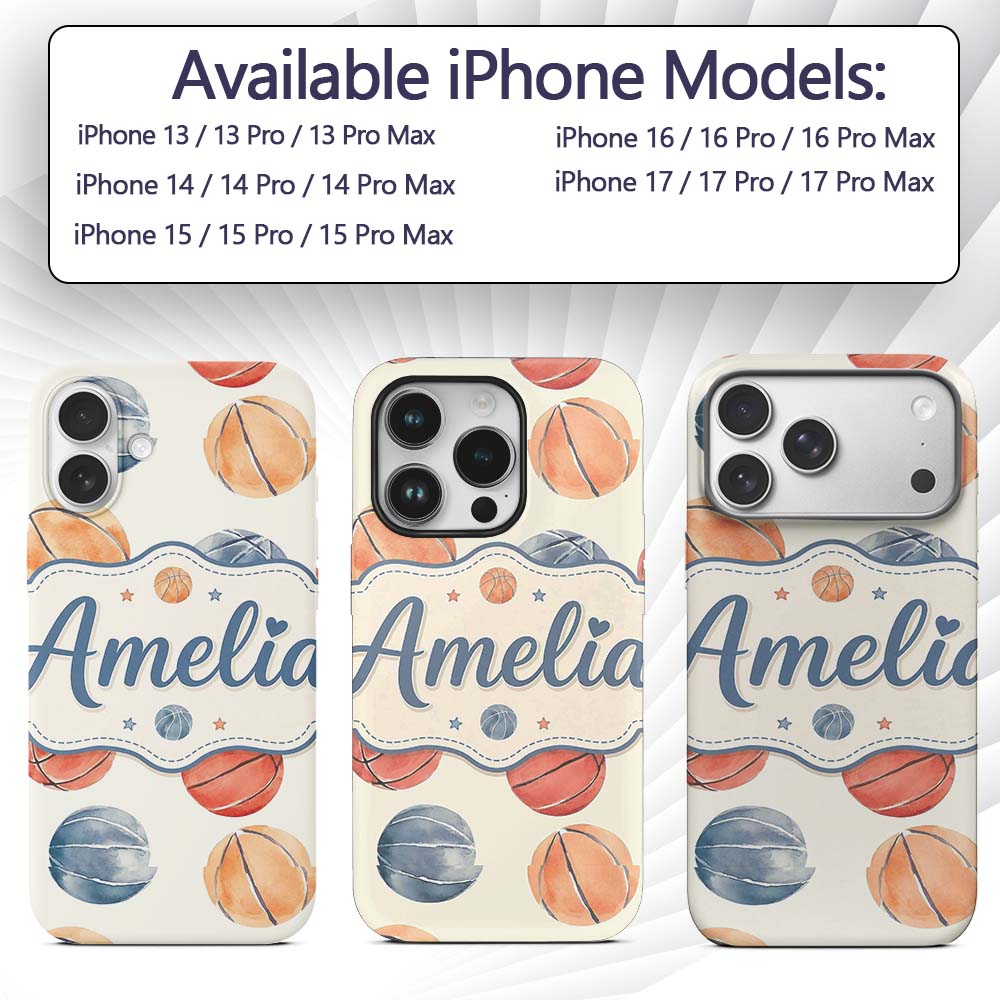 Watercolor Basketball Balls on Neutral Background Custom Name Protective Phone Case Mobile Cover Durable Everyday Smartphone Shock Resistant