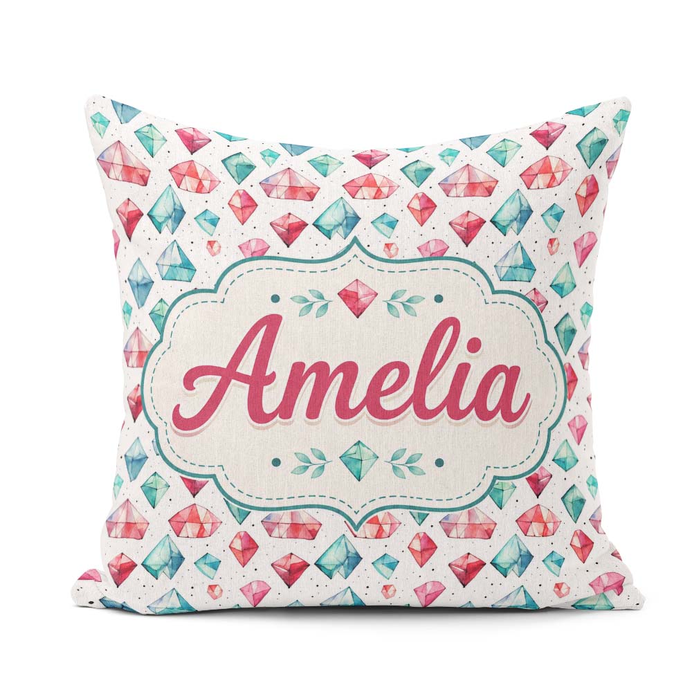 Custom Name Watercolor Gem Crystal Seamless Pattern on White Square Filled Cushion Throw Pillow Sofa Bed Home Decor Zip Washable UK Made
