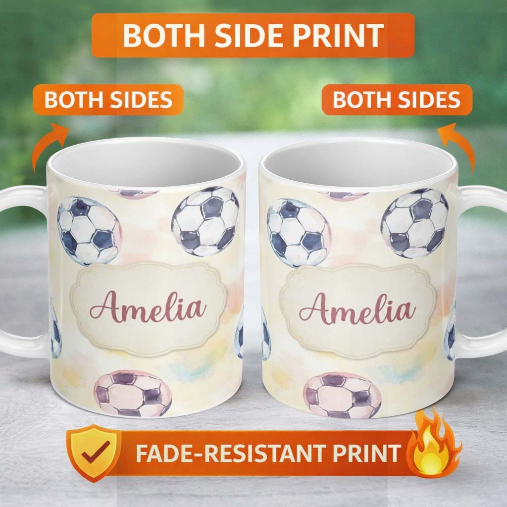 Personalized Custom Name Watercolor Soccer Balls on Soft Pastel Background Seamless Pattern 11oz Ceramic Coffee Tea Mug White Large Handle