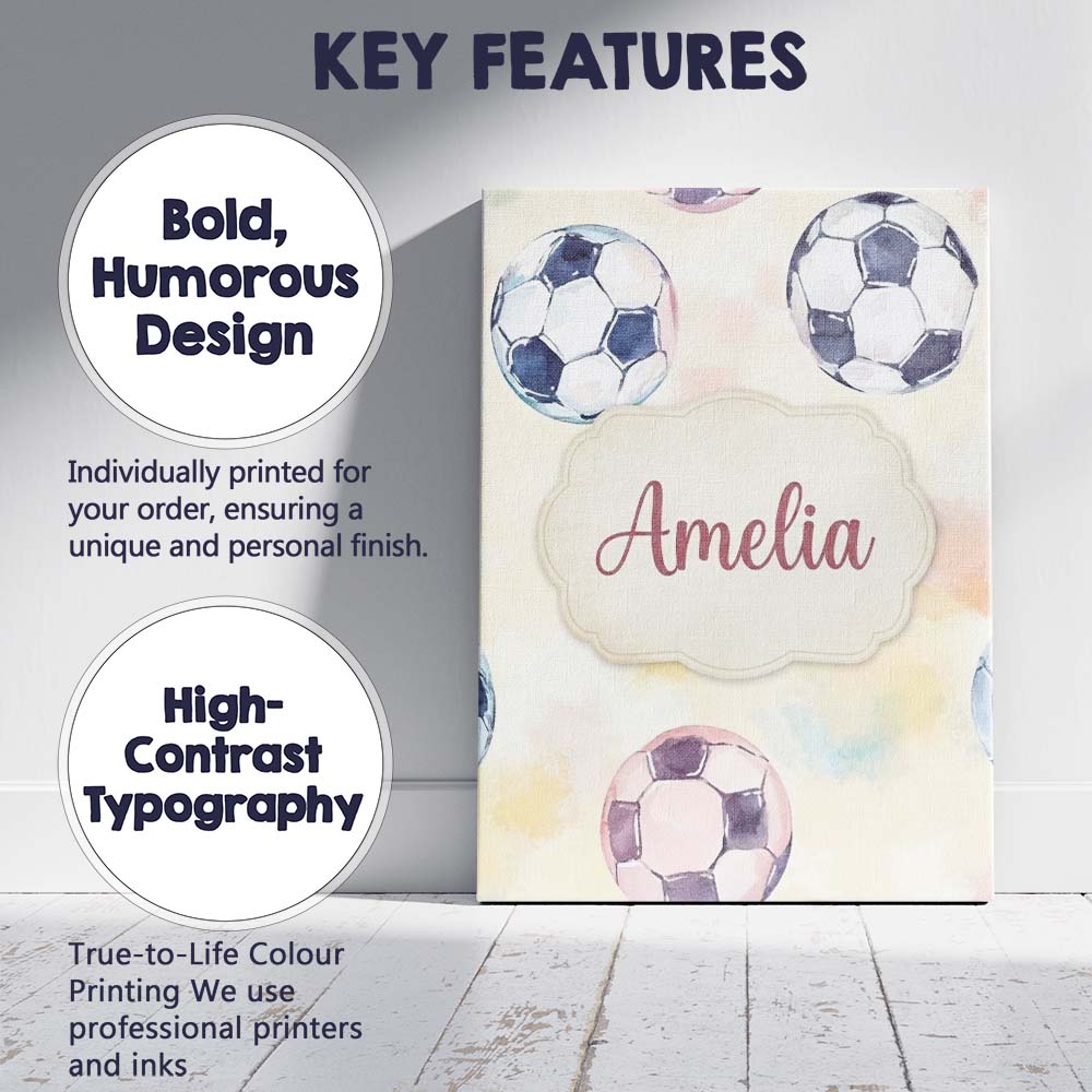 Personalised Name Watercolor Soccer Balls Custom Unique Gift Idea Elegant Feature Canvas Wall Art Print Decor Picture Ready to Hang