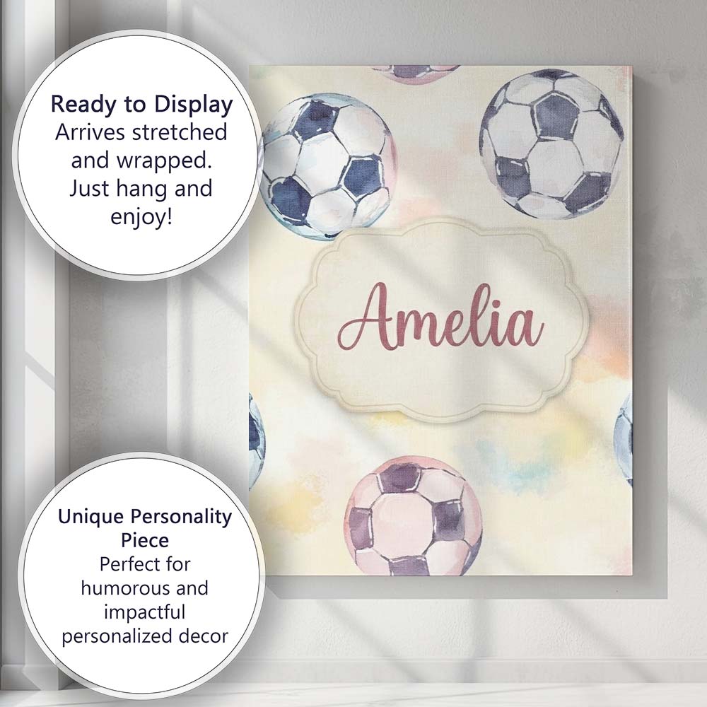 Personalised Name Watercolor Soccer Balls Custom Unique Gift Idea Elegant Feature Canvas Wall Art Print Decor Picture Ready to Hang