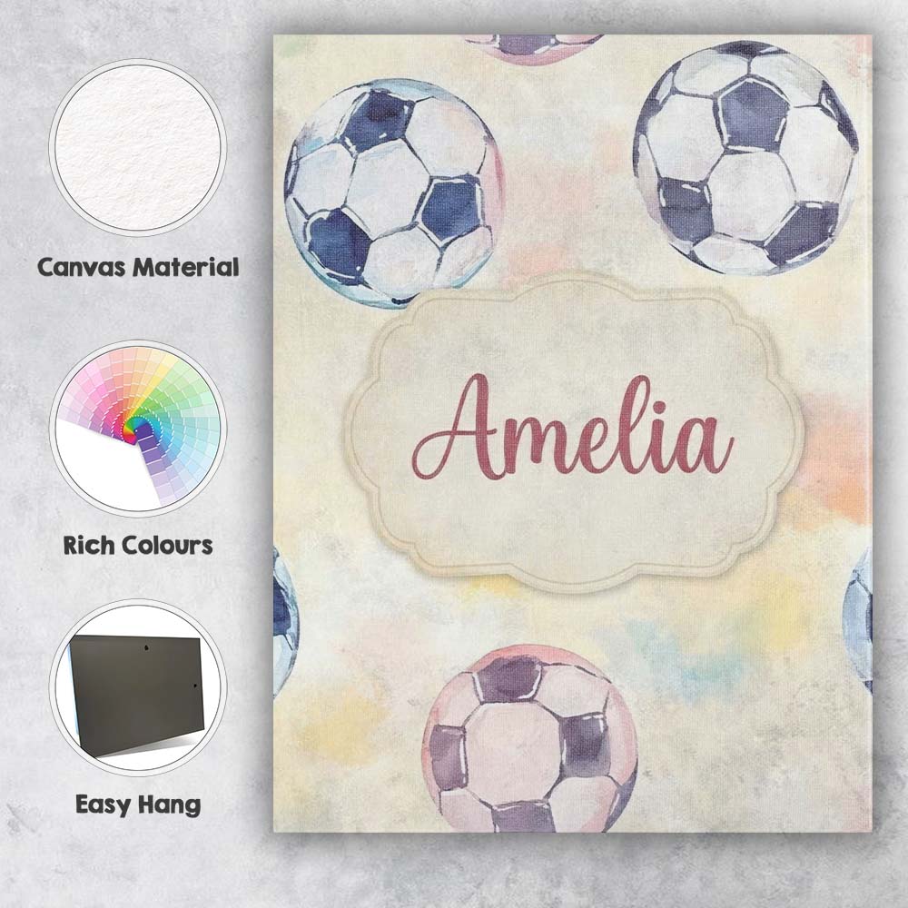 Personalised Name Watercolor Soccer Balls Custom Unique Gift Idea Elegant Feature Canvas Wall Art Print Decor Picture Ready to Hang