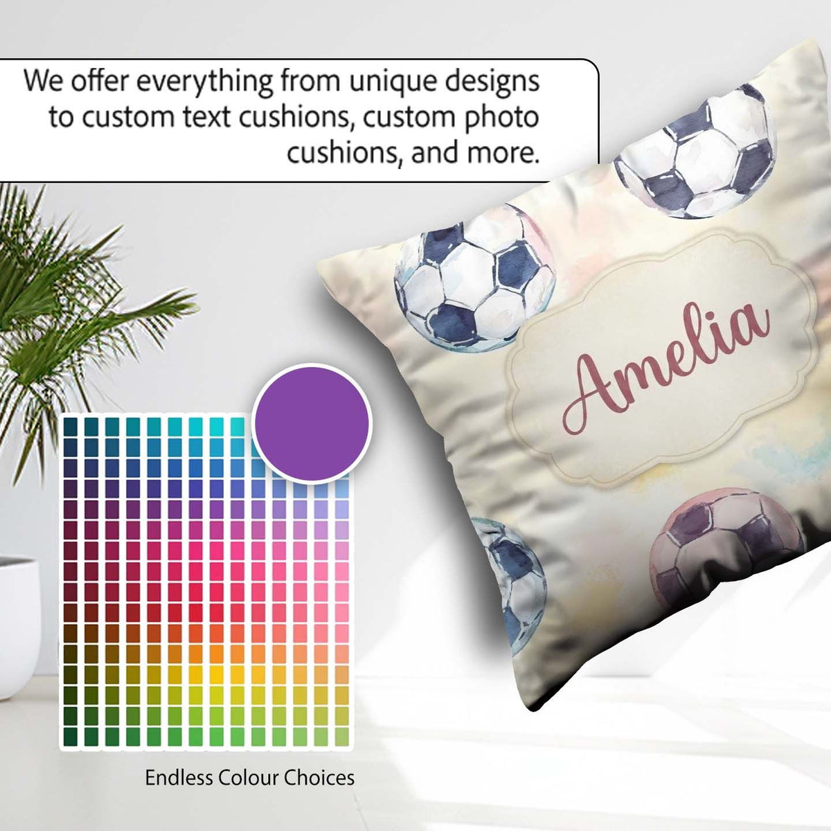 Custom Name Watercolor Soccer on Soft Pastel Background Seamless Square Filled Cushion Throw Pillow Sofa Bed Home Decor Zip Washable UK Made