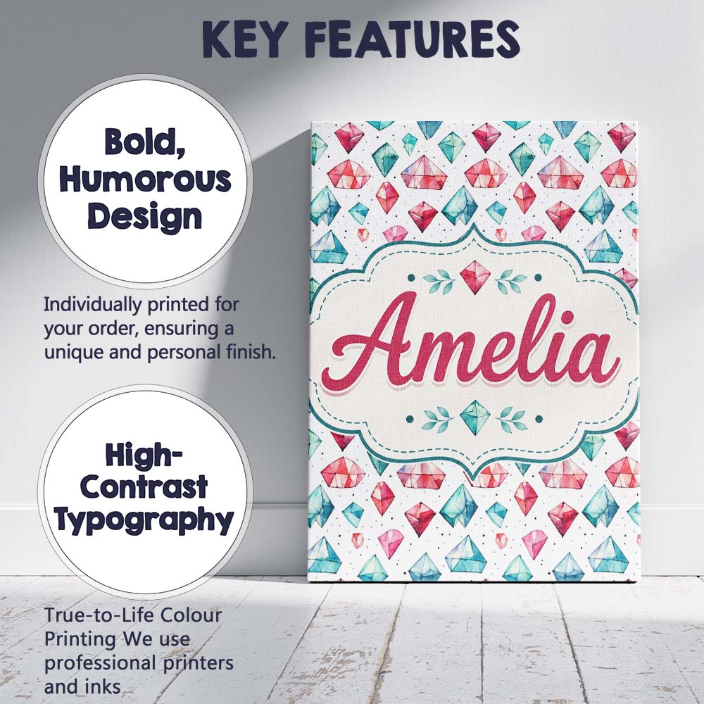 Personalised Name Watercolor Gem Crystal Custom Unique Gift Idea Elegant Feature Canvas Wall Art Print Decor Picture Ready to Hang