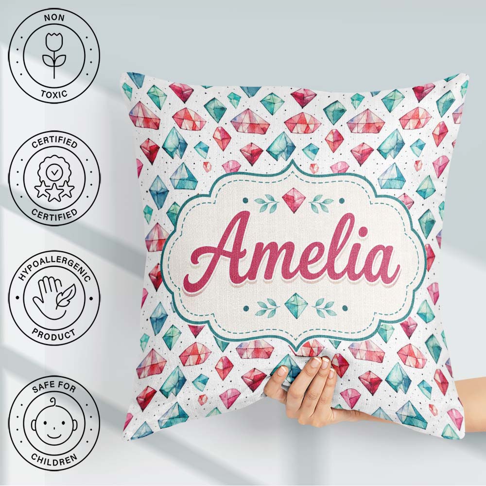 Custom Name Watercolor Gem Crystal Seamless Pattern on White Square Filled Cushion Throw Pillow Sofa Bed Home Decor Zip Washable UK Made