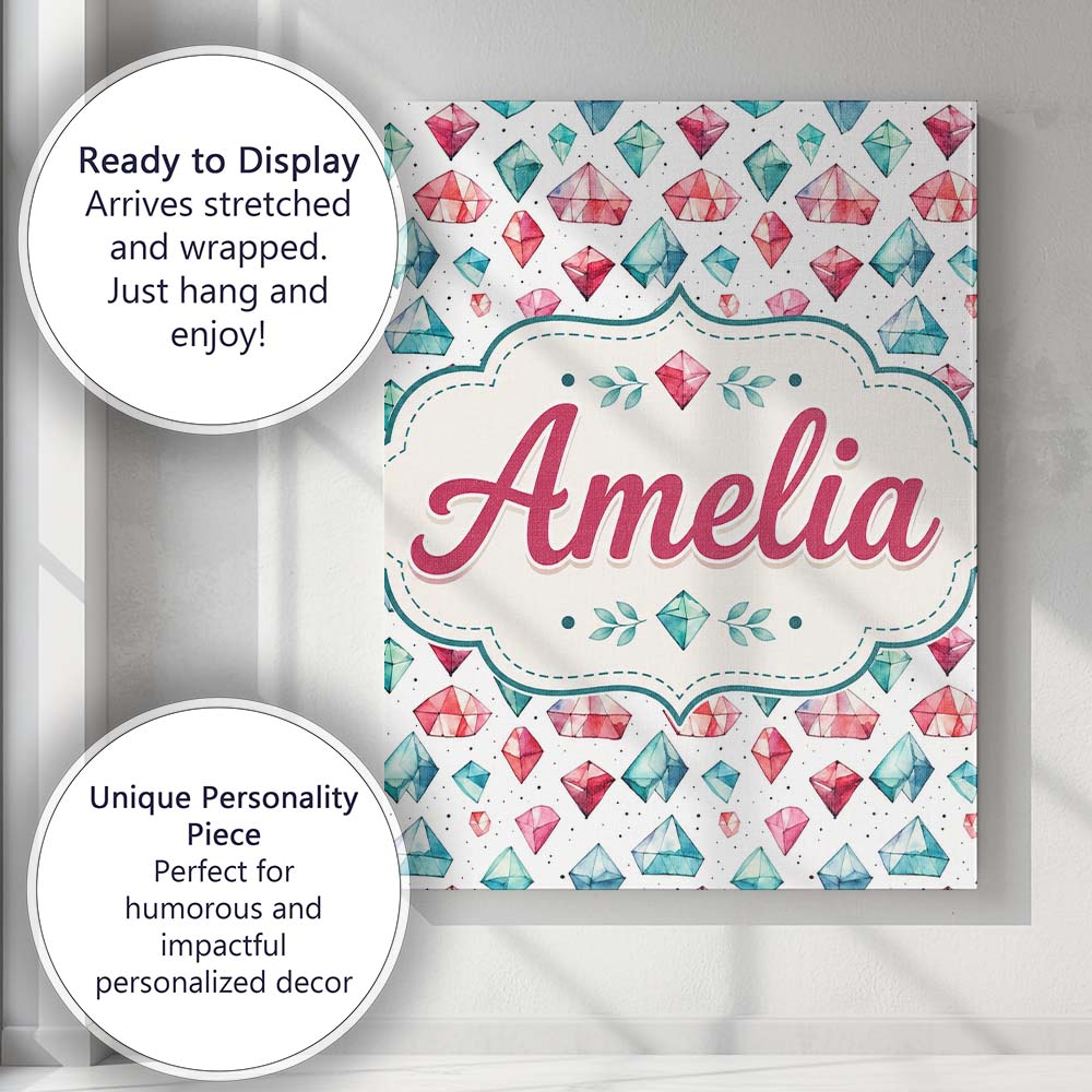 Personalised Name Watercolor Gem Crystal Custom Unique Gift Idea Elegant Feature Canvas Wall Art Print Decor Picture Ready to Hang