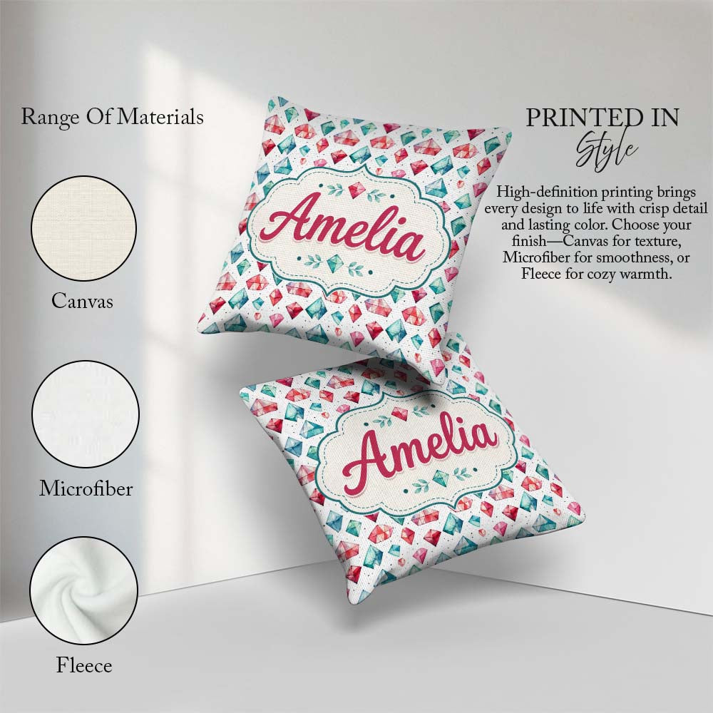 Custom Name Watercolor Gem Crystal Seamless Pattern on White Square Filled Cushion Throw Pillow Sofa Bed Home Decor Zip Washable UK Made