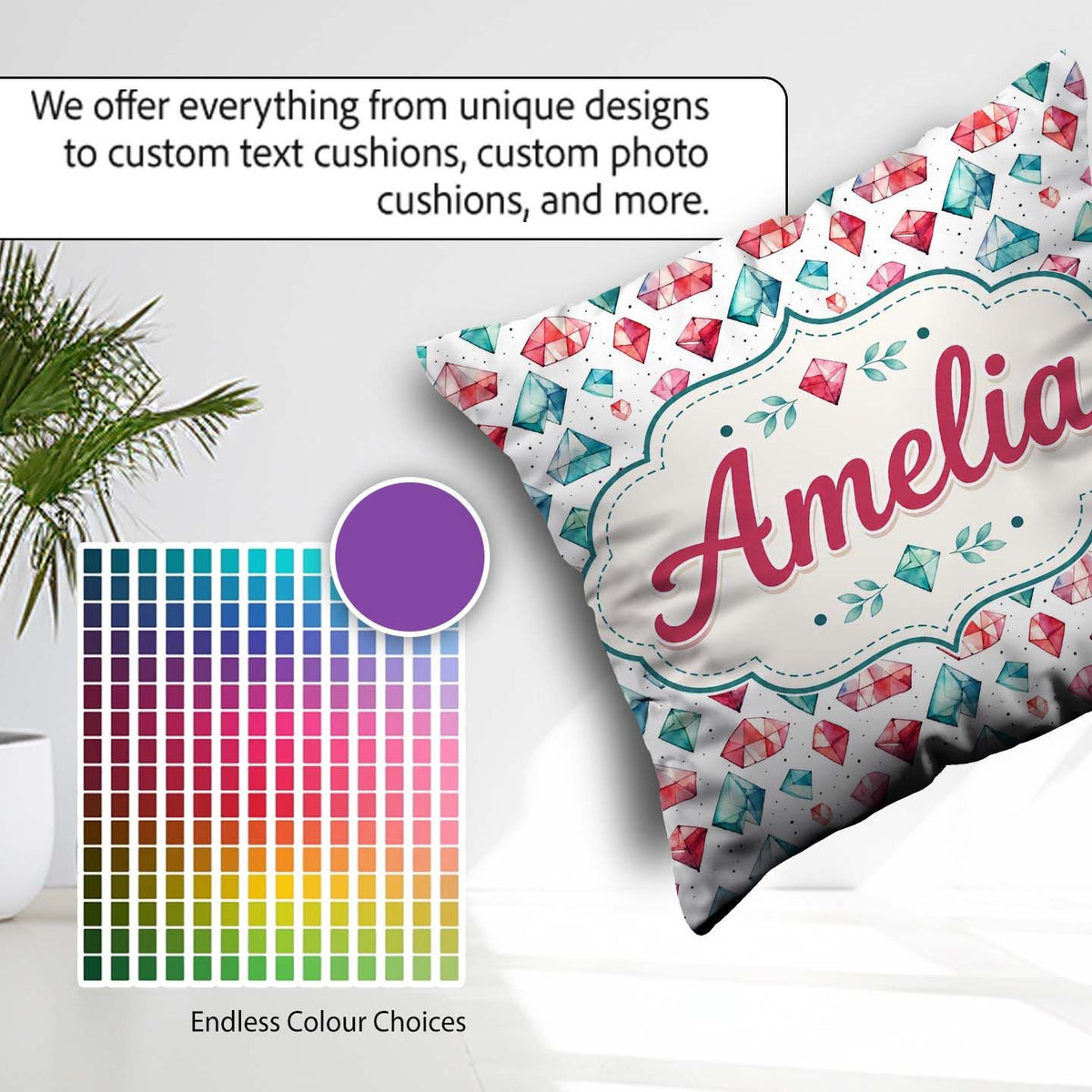 Custom Name Watercolor Gem Crystal Seamless Pattern on White Square Filled Cushion Throw Pillow Sofa Bed Home Decor Zip Washable UK Made