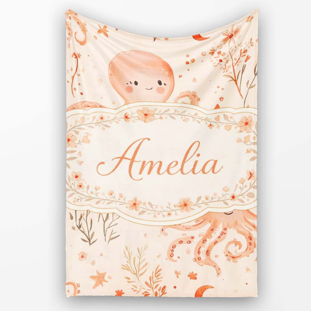 Kawaii Octopus Ocean Seamless Pattern Perfect Gift for Her Lovely Personalised Custom Name Super Soft Fleece Blanket Bed Sofa Throw