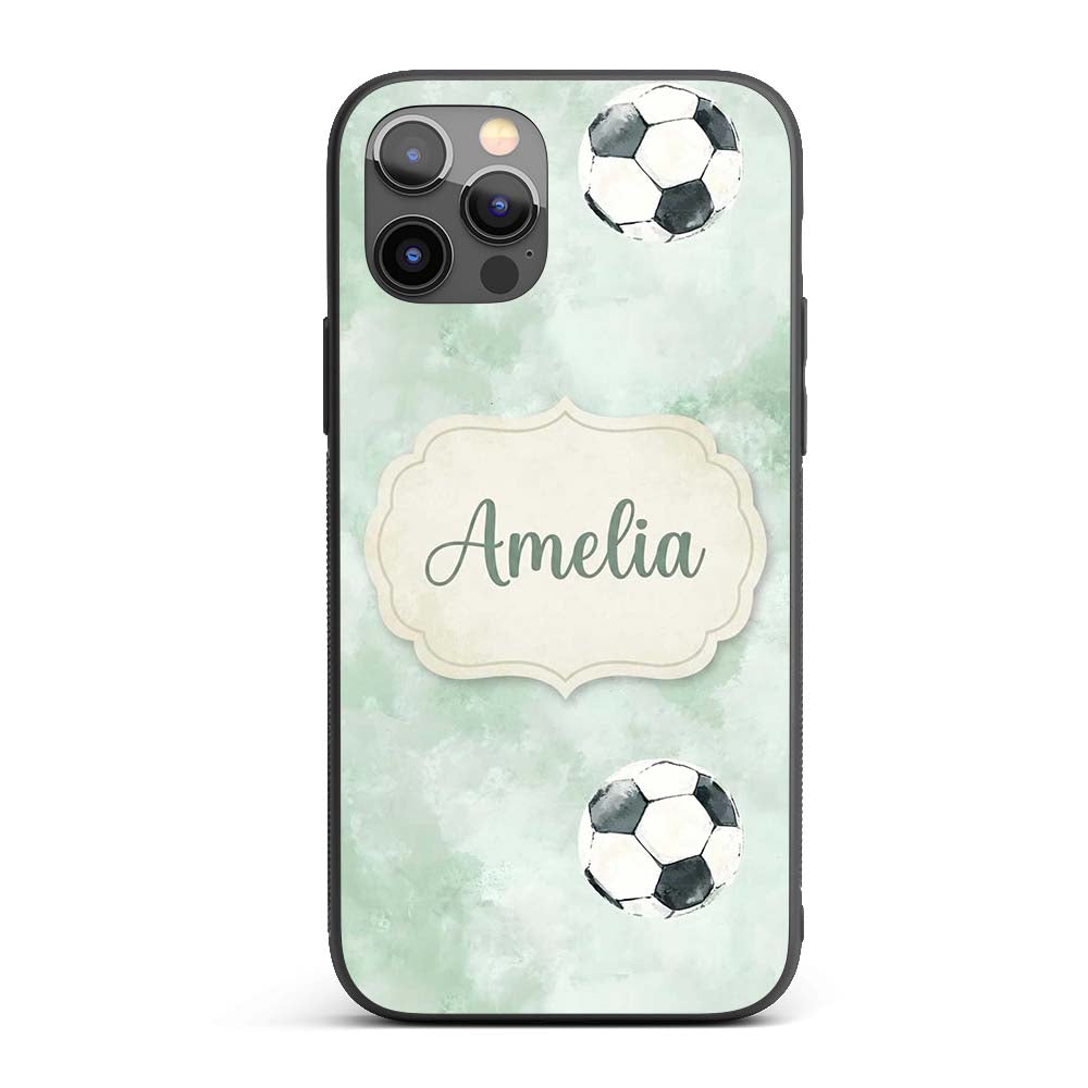Watercolor Soccer Balls on Soft Green Background Custom Name Protective Phone Case Mobile Cover Durable Everyday Smartphone Shock Resistant