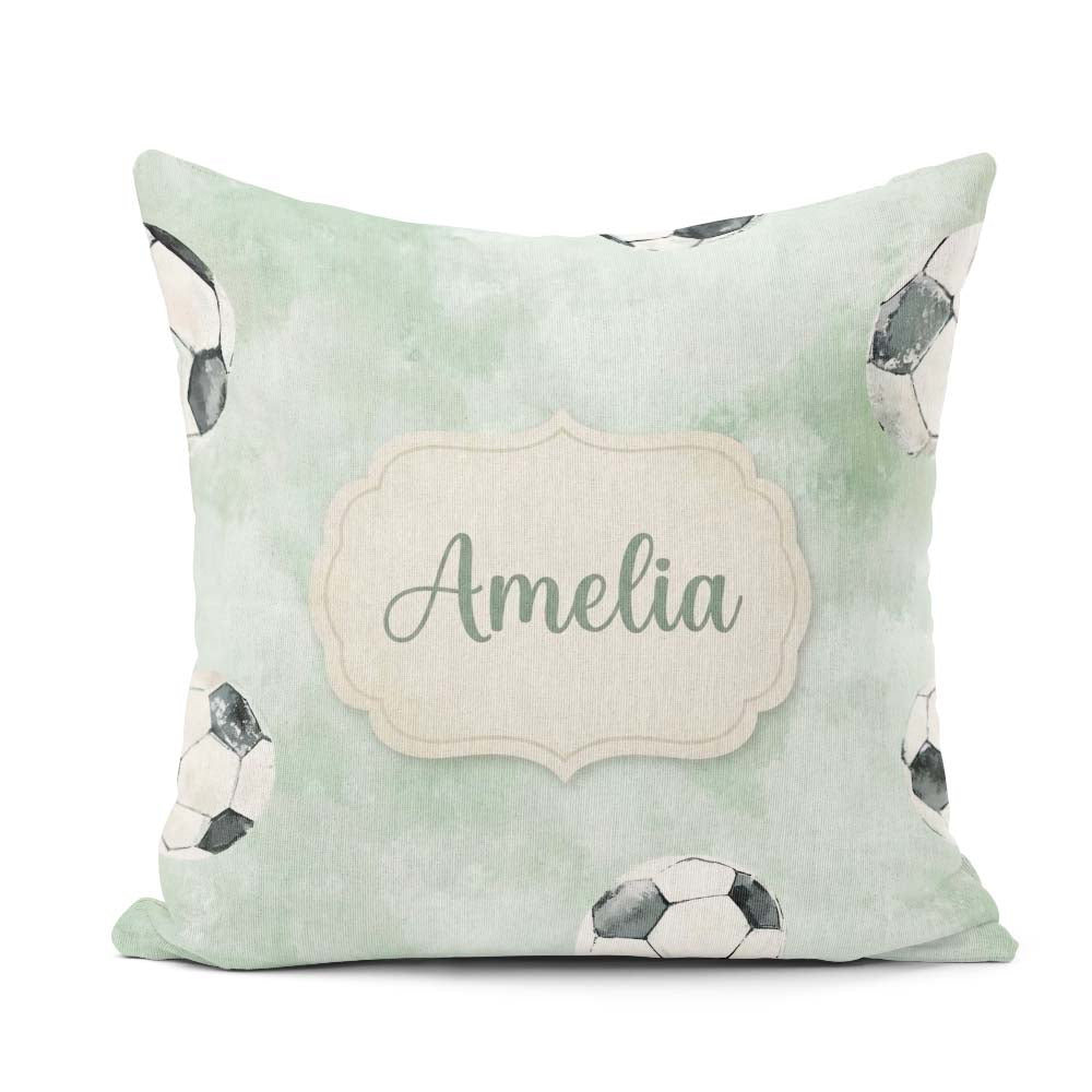 Custom Name Watercolor Soccer Balls on Green Background Seamless Square Filled Cushion Throw Pillow Sofa Bed Home Decor Zip Washable UK Made
