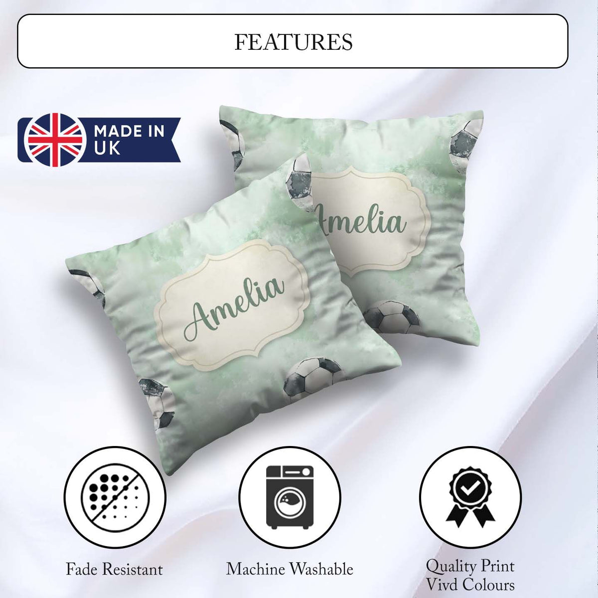 Custom Name Watercolor Soccer Balls on Green Background Seamless Square Filled Cushion Throw Pillow Sofa Bed Home Decor Zip Washable UK Made
