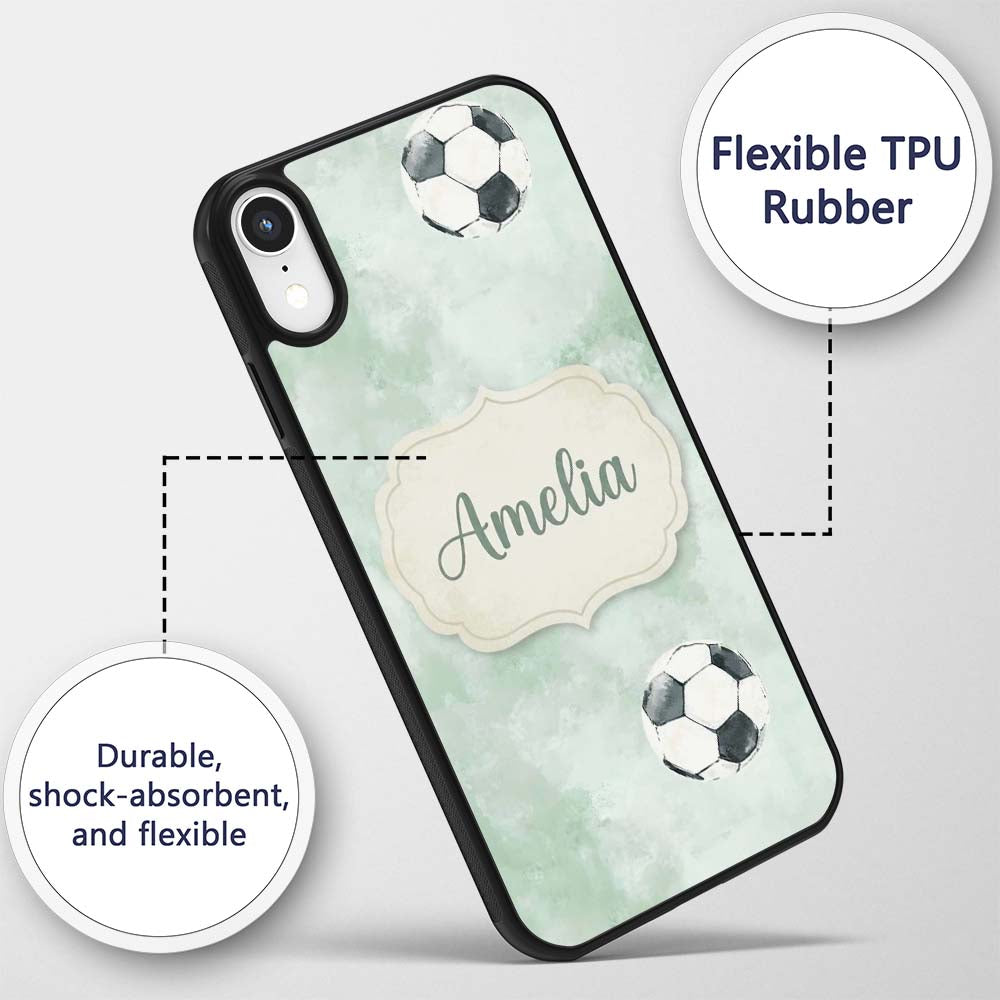 Watercolor Soccer Balls on Soft Green Background Custom Name Protective Phone Case Mobile Cover Durable Everyday Smartphone Shock Resistant