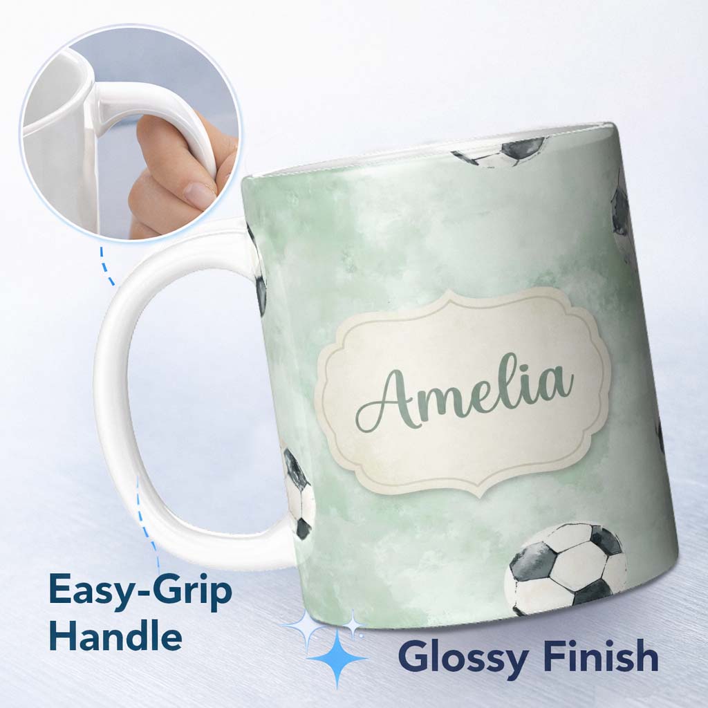 Personalized Custom Name Watercolor Soccer Balls on Soft Green Background Seamless Pattern 11oz Ceramic Coffee Tea Mug White Large Handle