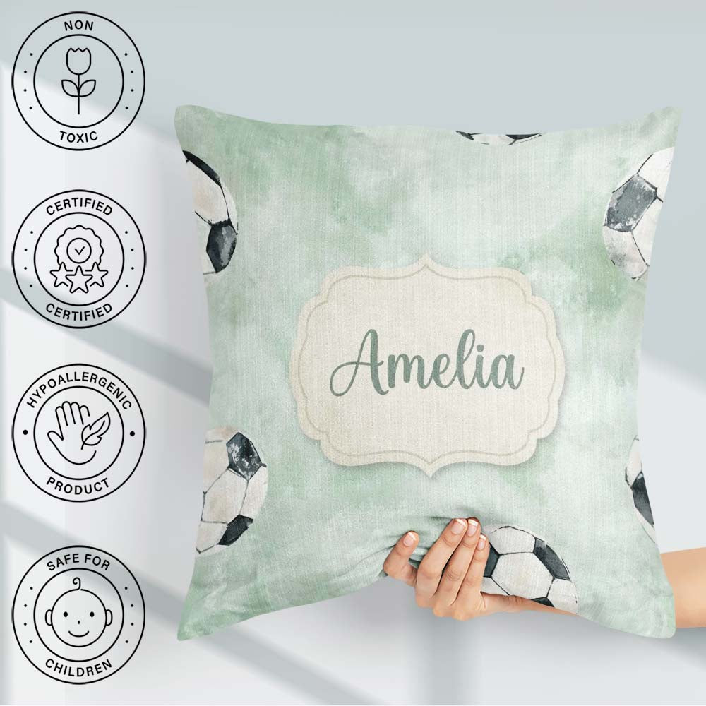 Custom Name Watercolor Soccer Balls on Green Background Seamless Square Filled Cushion Throw Pillow Sofa Bed Home Decor Zip Washable UK Made