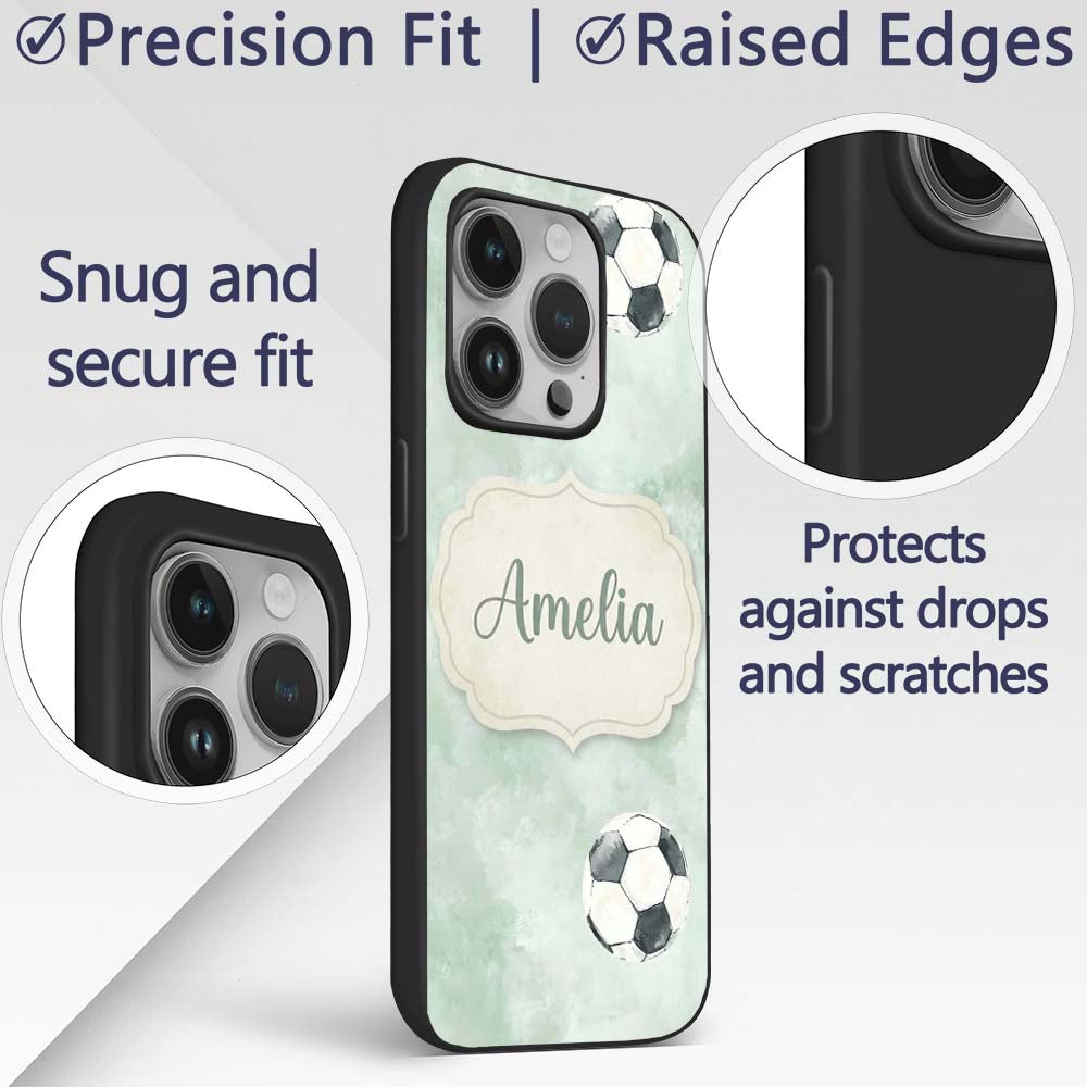 Watercolor Soccer Balls on Soft Green Background Custom Name Protective Phone Case Mobile Cover Durable Everyday Smartphone Shock Resistant