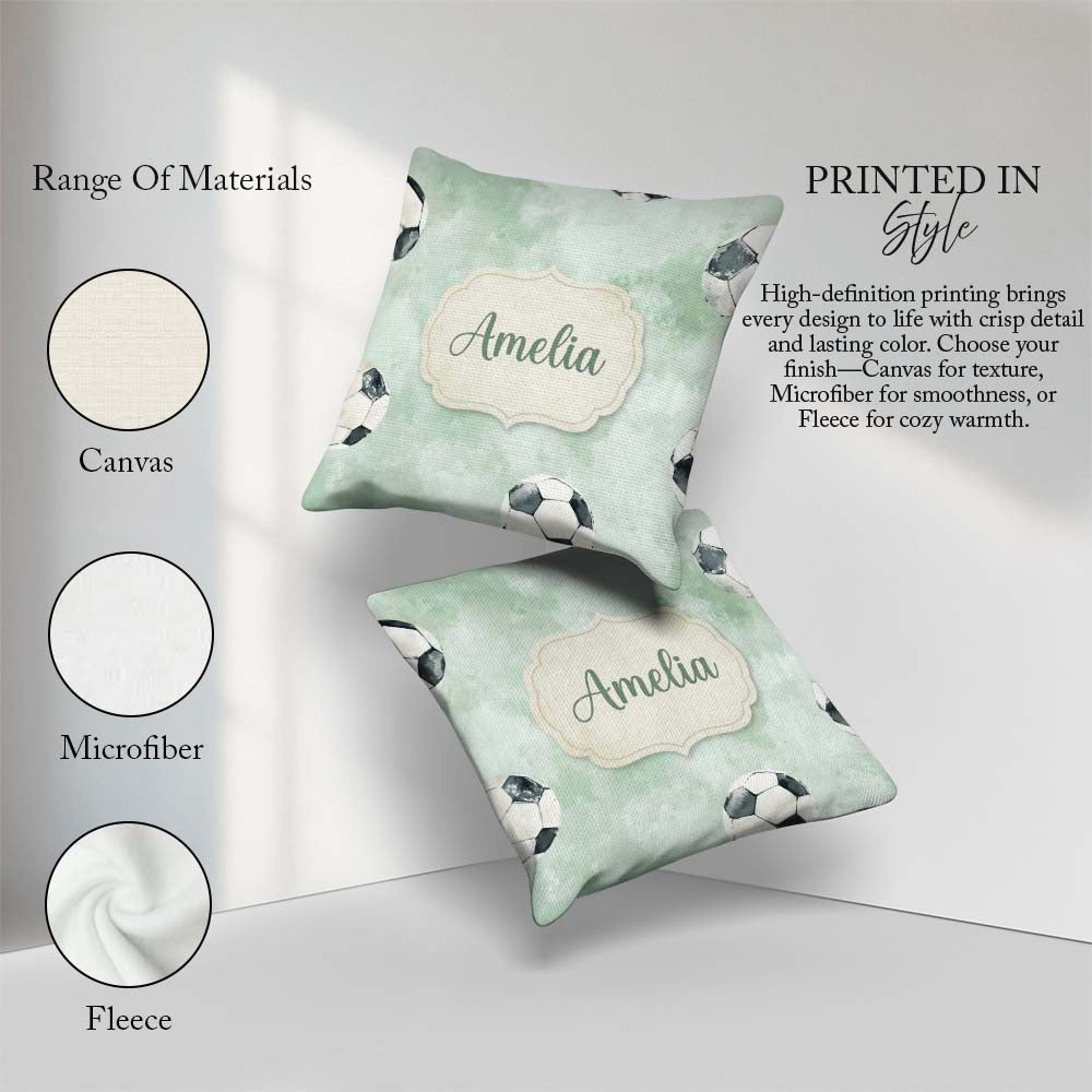 Custom Name Watercolor Soccer Balls on Green Background Seamless Square Filled Cushion Throw Pillow Sofa Bed Home Decor Zip Washable UK Made
