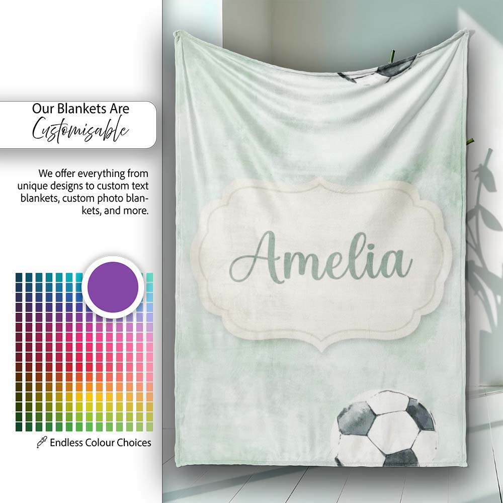 Watercolor Soccer Balls on Soft Green Background Seamless Pattern Personalised Custom Name Super Soft Fleece Blanket Bed Sofa Throw