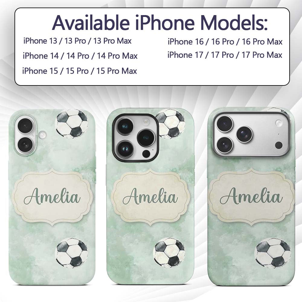 Watercolor Soccer Balls on Soft Green Background Custom Name Protective Phone Case Mobile Cover Durable Everyday Smartphone Shock Resistant