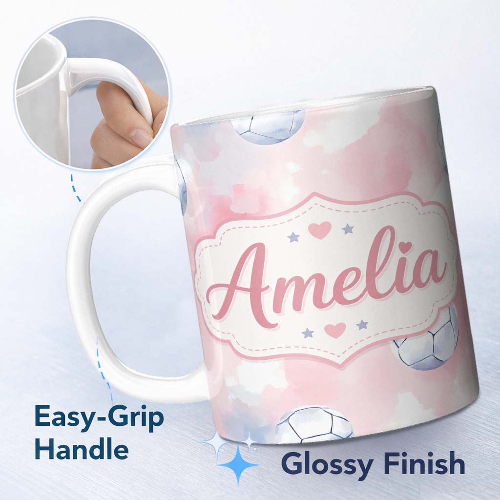 Personalized Custom Name Watercolor Soccer Balls on Soft Pink Background Seamless Pattern 11oz Ceramic Coffee Tea Mug White Large Handle