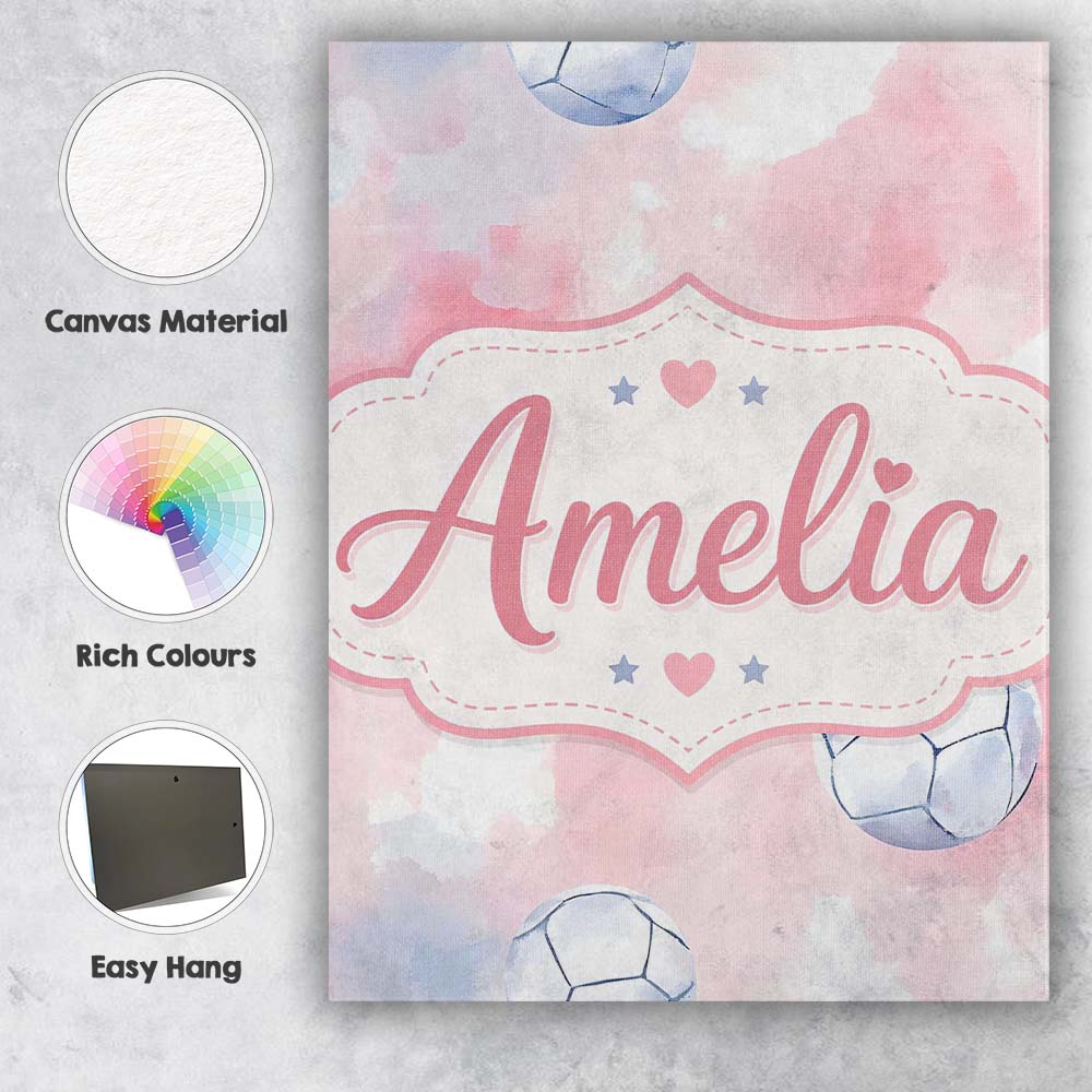 Personalised Name Watercolor Soccer Balls Custom Unique Gift Idea Elegant Feature Canvas Wall Art Print Decor Picture Ready to Hang