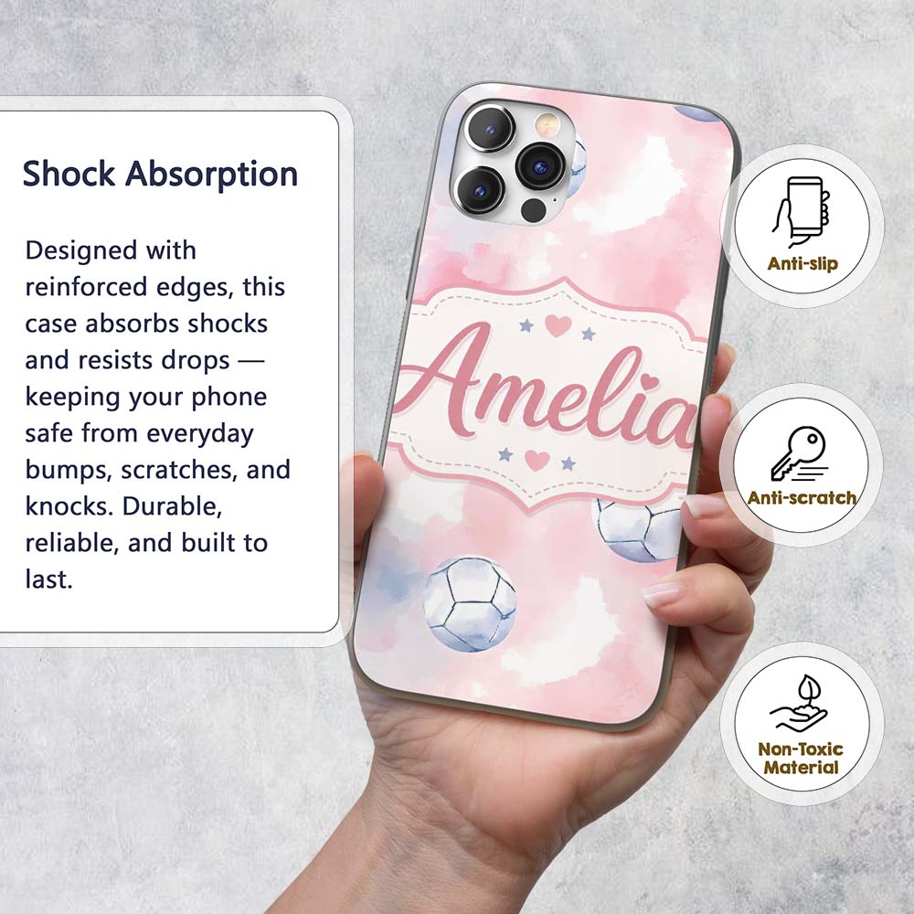 Watercolor Soccer Balls on Soft Pink Background Custom Name Protective Phone Case Mobile Cover Durable Everyday Smartphone Shock Resistant