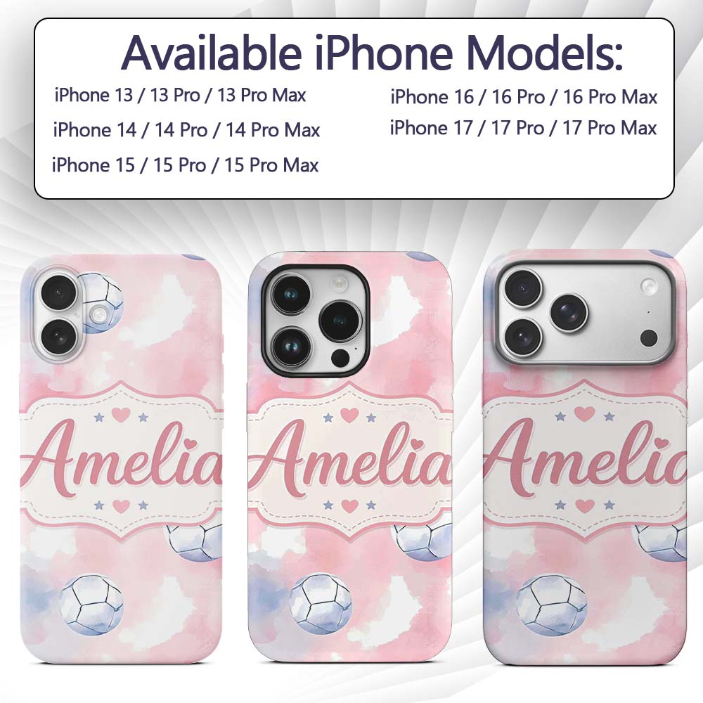 Watercolor Soccer Balls on Soft Pink Background Custom Name Protective Phone Case Mobile Cover Durable Everyday Smartphone Shock Resistant