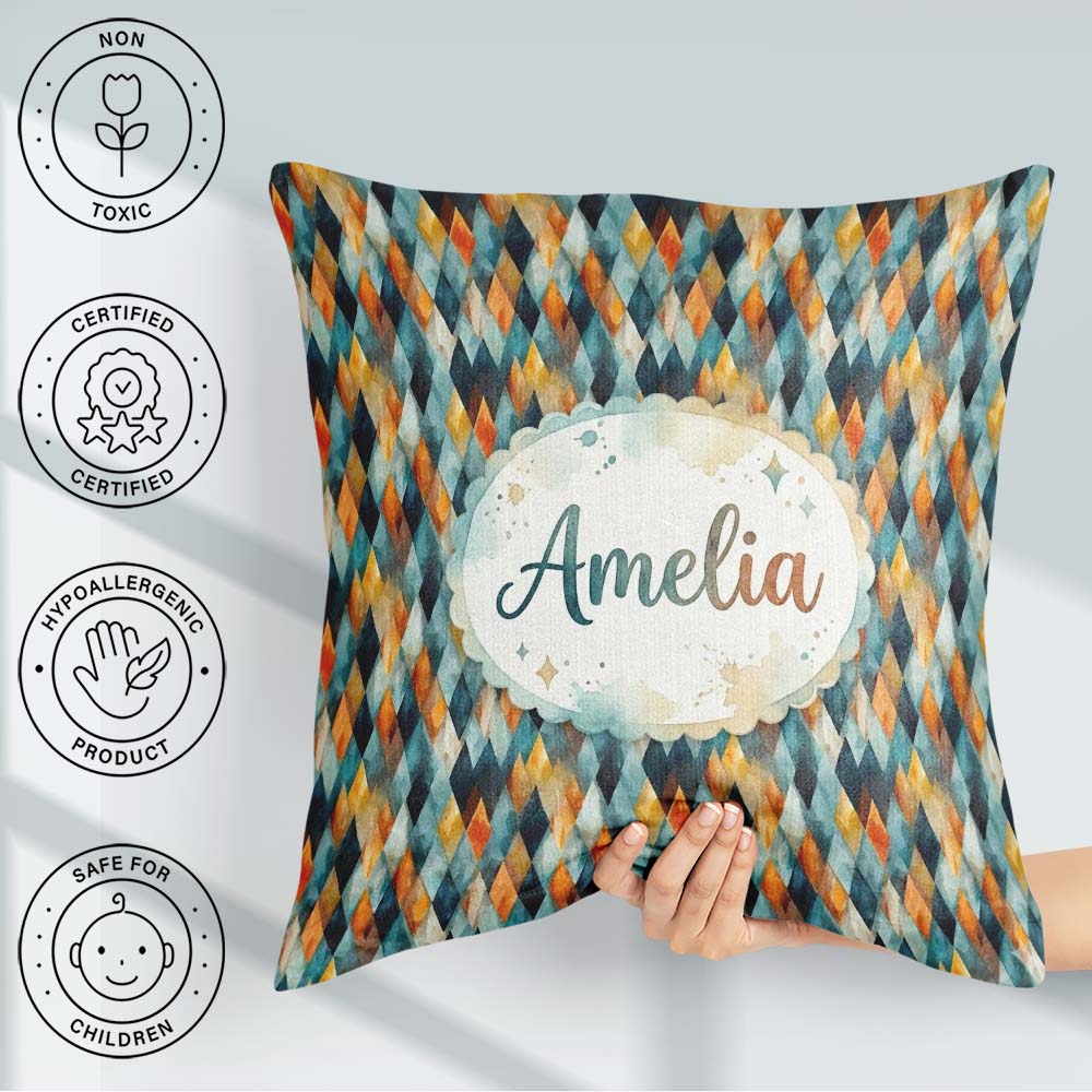 Custom Name Abstract Diamond Mosaic Seamless in Teal Orange Blue Square Filled Cushion Throw Pillow Sofa Bed Home Decor Zip Washable UK Made