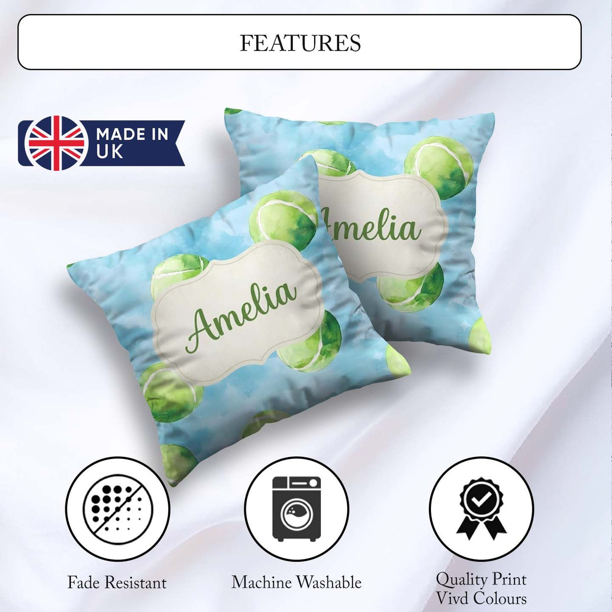 Custom Name Watercolor Tennis Balls Soft Blue Background Pattern Square Filled Cushion Throw Pillow Sofa Bed Home Decor Zip Washable UK Made