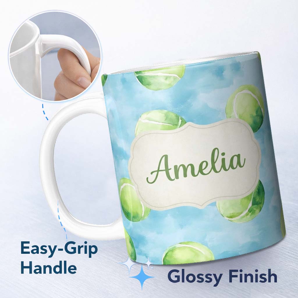 Personalized Custom Name Watercolor Tennis Balls on Soft Blue Background Seamless Pattern 11oz Ceramic Coffee Tea Mug White Large Handle