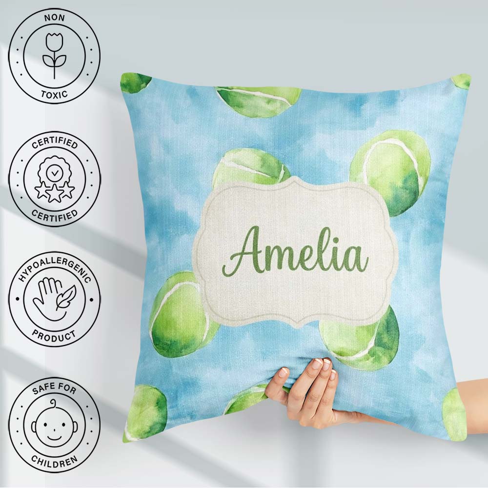 Custom Name Watercolor Tennis Balls Soft Blue Background Pattern Square Filled Cushion Throw Pillow Sofa Bed Home Decor Zip Washable UK Made