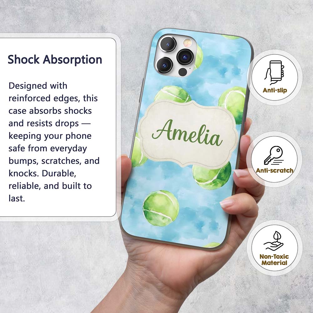 Watercolor Tennis Balls on Soft Blue Background Custom Name Protective Phone Case Mobile Cover Durable Everyday Smartphone Shock Resistant
