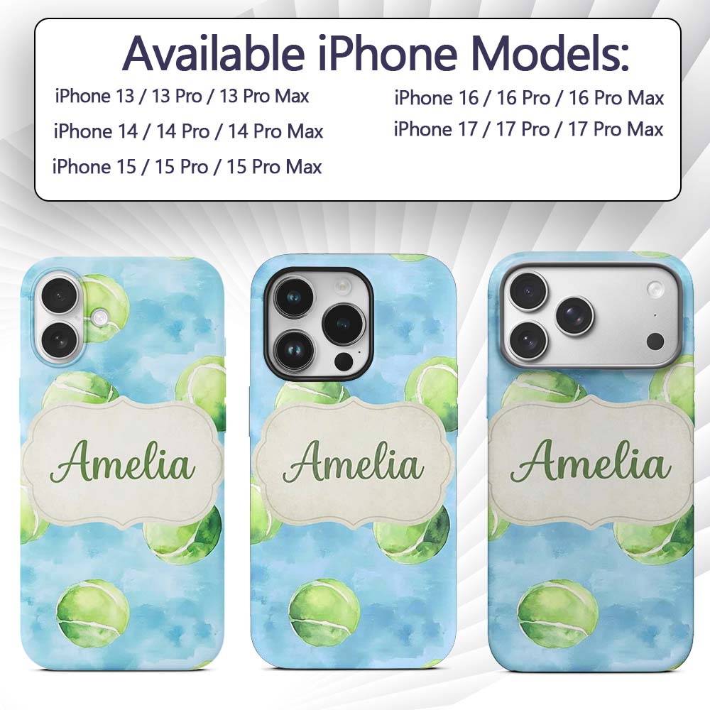 Watercolor Tennis Balls on Soft Blue Background Custom Name Protective Phone Case Mobile Cover Durable Everyday Smartphone Shock Resistant