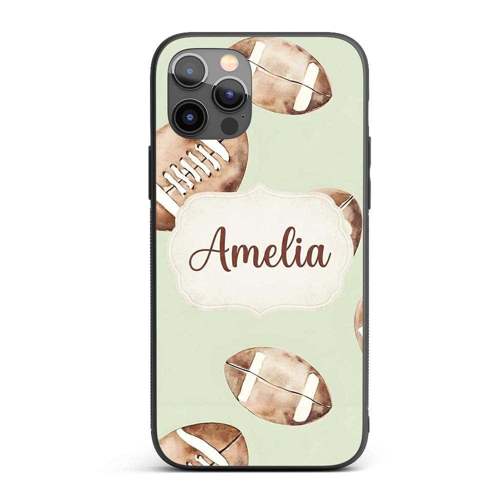 Watercolor American Football Balls on Soft Green Custom Name Protective Phone Case Mobile Cover Durable Everyday Smartphone Shock Resistant