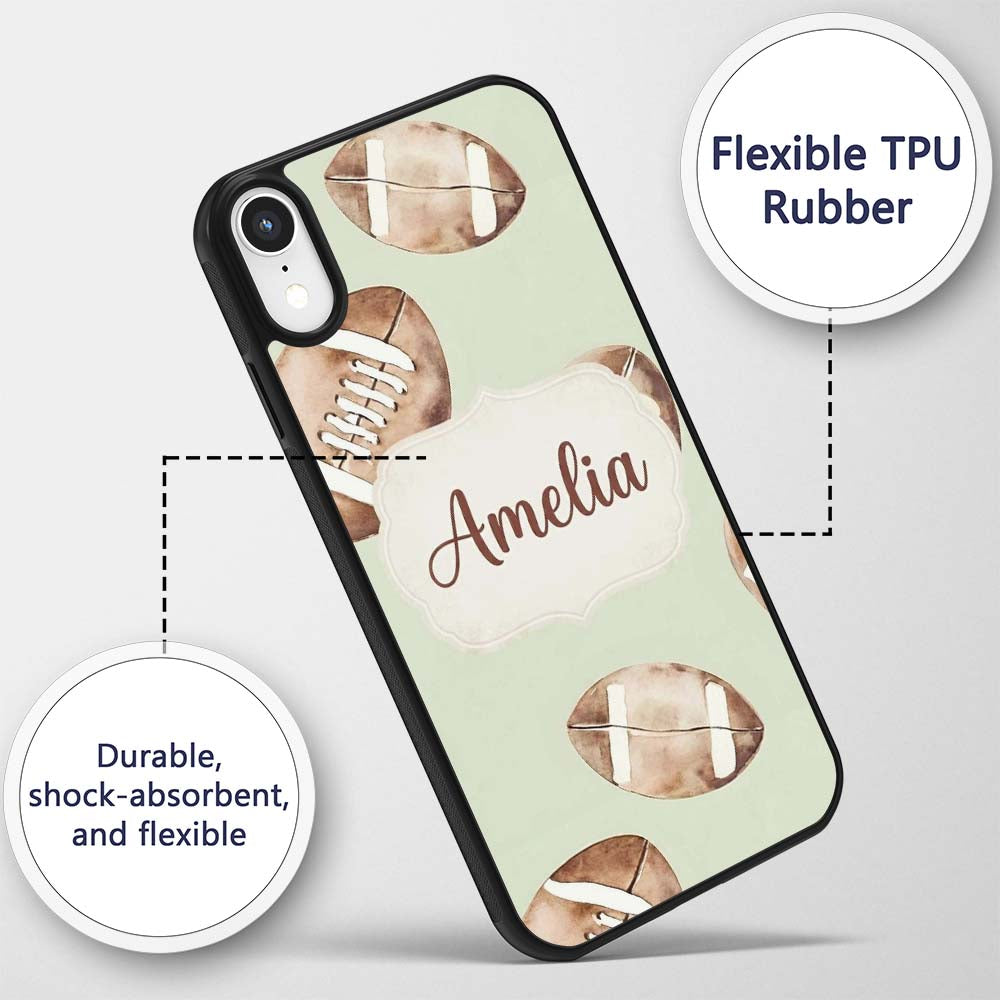 Watercolor American Football Balls on Soft Green Custom Name Protective Phone Case Mobile Cover Durable Everyday Smartphone Shock Resistant