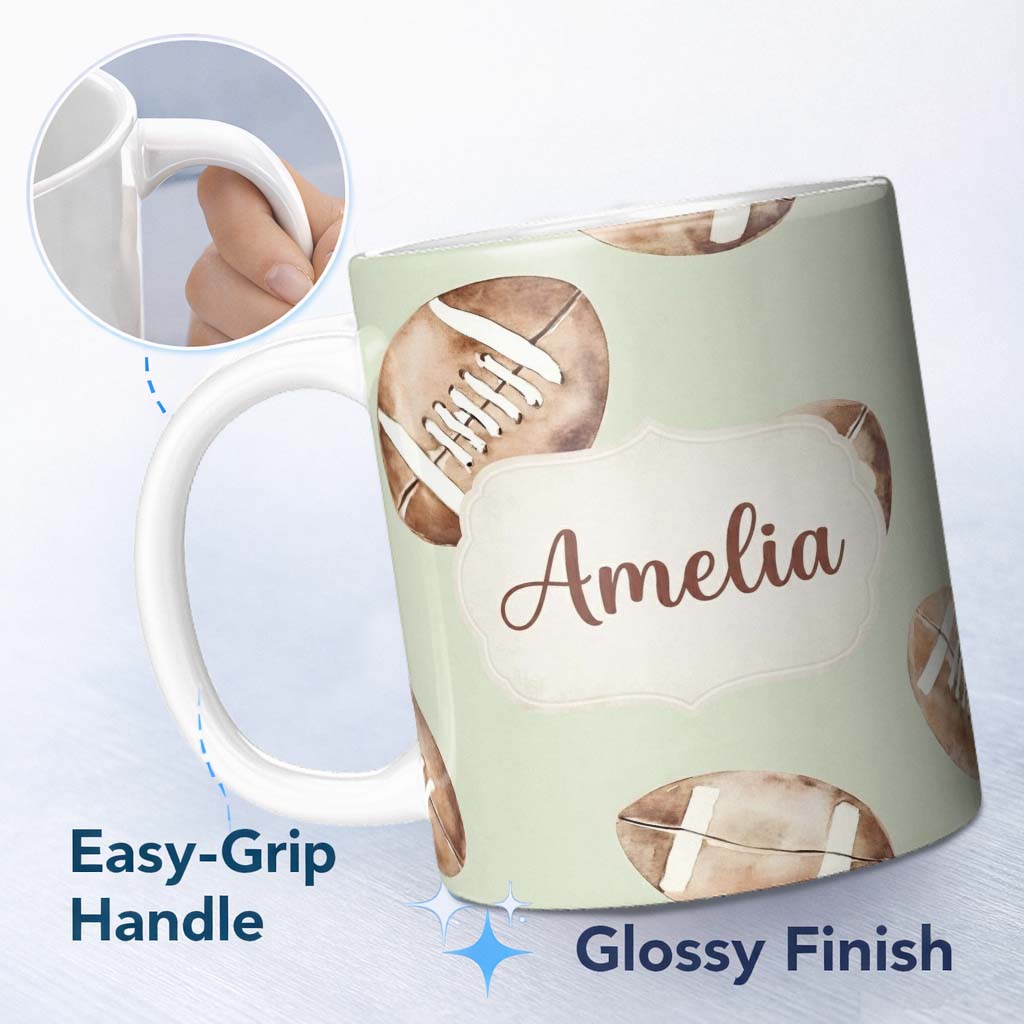 Personalized Custom Name Watercolor American Football Balls on Soft Green Background 11oz Ceramic Coffee Tea Mug White Large Handle