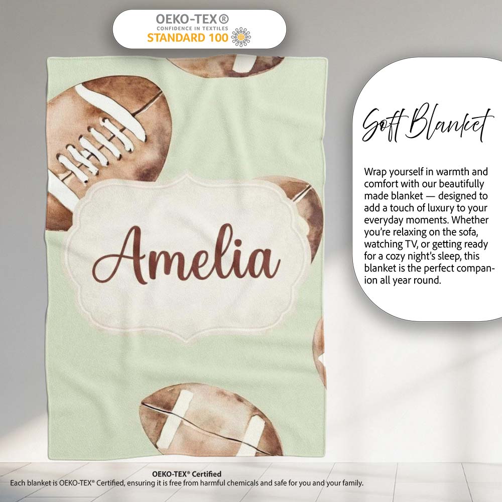 Watercolor American Football Balls on Soft Green Background Personalised Custom Name Super Soft Fleece Blanket Bed Sofa Throw