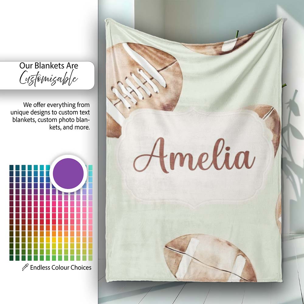 Watercolor American Football Balls on Soft Green Background Personalised Custom Name Super Soft Fleece Blanket Bed Sofa Throw